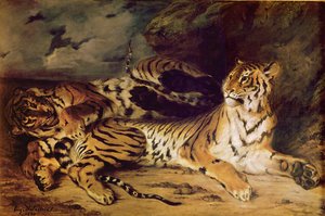 Junger Tiger spielt mit seiner Mutter, 1830